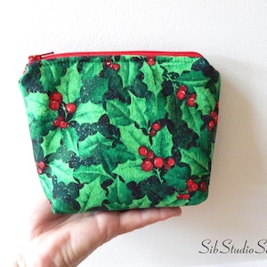 Holly Berry Makeup Bag, Wipeable Interior, 6.5 x 5 x 2 inches, Zipper Closure image 1