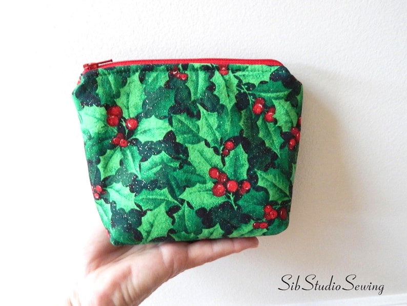 Holly Berry Makeup Bag, Wipeable Interior, 6.5 x 5 x 2 inches, Zipper Closure image 1