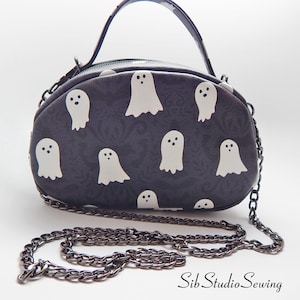 Halloween Ghost Bag, 9 x 6 x 4 inches, Dual Zippered Compartments, Carry Handle &  Removable Shoulder Strap, Ghost Faux Leather Bag