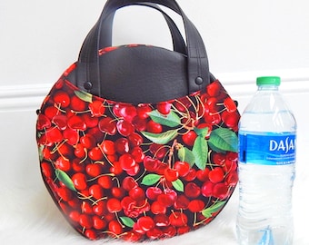 Cherry Print Circle Bag, Faux Leather Trim, Zipper Closure, Removable Strap, 10 x 10 x 3.5 inches