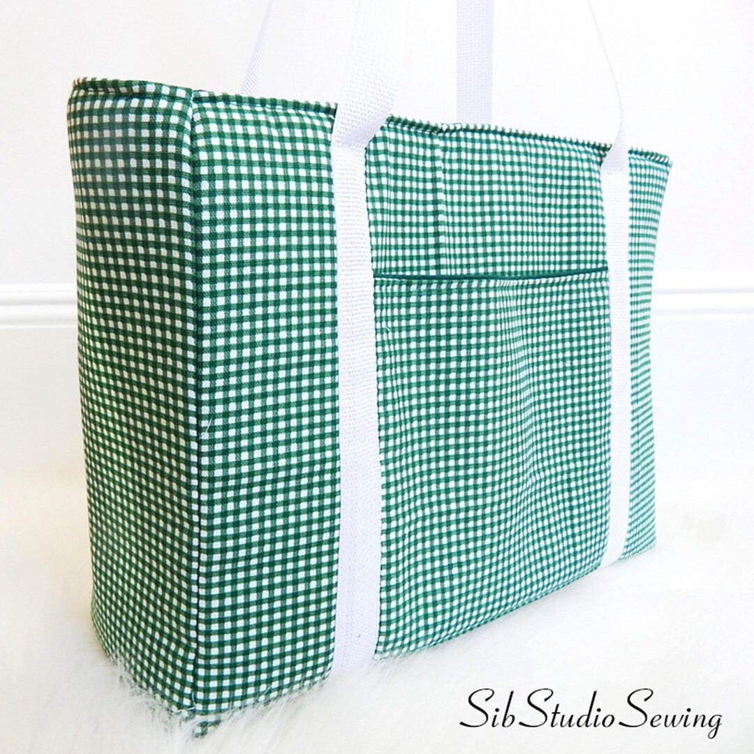 Green and White Checks Tote Bag: Large Zippered Work or Travel Bag, 16 ...