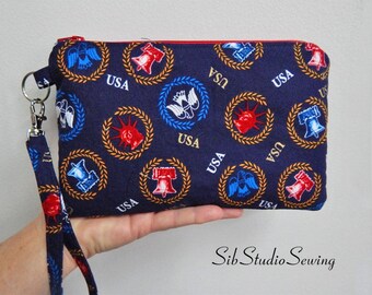 USA Phone Clutch, 9 x 5.5 inches, Fits iPhone 15 Pro, Plus & Max Smartphone up to 7" Length, Pockets, July 4th Phone Purse, Patriotic Clutch