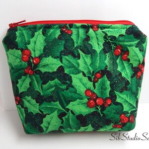 Holly Berry Makeup Bag, Wipeable Interior, 6.5 x 5 x 2 inches, Zipper Closure image 2