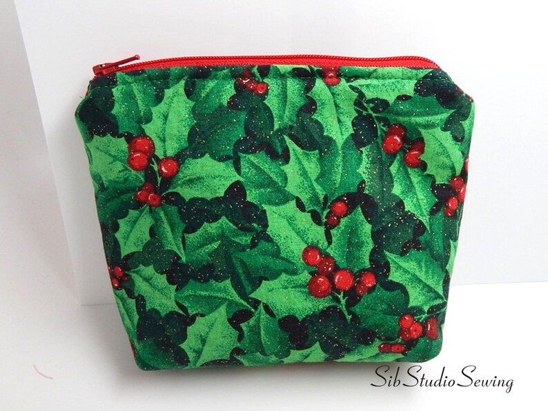 Holly Berry Makeup Bag, Wipeable Interior, 6.5 x 5 x 2 inches, Zipper Closure image 2