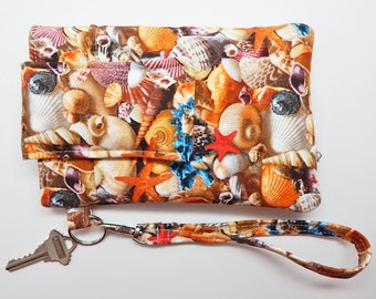 Shells Smartphone Wristlet, Fits iPhone 15, 14, 13, Smartphones up to 6.25" x 3.25", Key Ring, Pocket, Beach Phone Wristlet, Seashells Purse