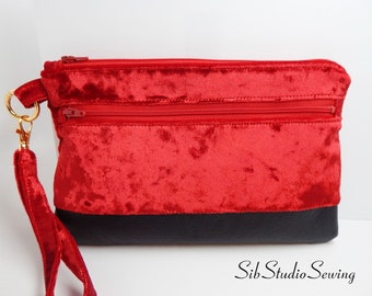 Red Velvet Clutch, 9.5 x 6 ", Fits iPhone 15 Pro, Galaxy S24 Smartphone up to 7" Length, Outer Zipper Pocket, Velvet and Faux Leather Clutch