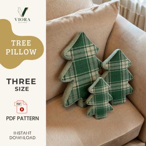 May include: Three tree-shaped pillows in varying sizes, featuring a green and white plaid fabric pattern with solid green side panels. The text on the left reads VIORA PATTERN TREE PILLOW THREE SIZE PDF PDF PATTERN INSTANT DOWNLOAD.