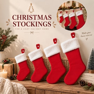 Könnte beinhalten: Vier rote Weihnachtsstrümpfe mit weißen Kunstfellbündchen und kleinen Aufhängeschlaufen, angeordnet in aufsteigender Größe. Der Text CHRISTMAS STOCKINGS FOR A COZY HOLIDAY HOME ist sichtbar, zusammen mit einem kreisförmigen Einsatz, der an einem Kaminsims hängende Strümpfe zeigt.