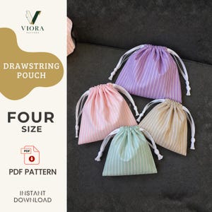 May include: Four drawstring pouches in lavender, light pink, beige, and mint green, each featuring a white vertical pinstripe pattern and white cord ties. The image includes text: VIORA PATTERN, DRAWSTRING POUCH, FOUR SIZE, PDF PATTERN, INSTANT DOWNLOAD.