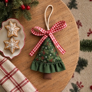 May include: A fabric Christmas tree ornament featuring a dark green patterned print with red berries and white snowflakes, accented by a red and white gingham ribbon bow, a white hanging cord, and a solid dark green ruffled fabric base.