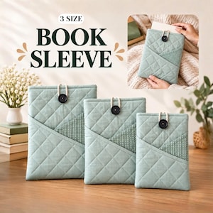 May include: Three sage green quilted book sleeves in different sizes, each featuring a diagonal pocket with a dark green geometric pattern, a black button closure, and a white cord loop. The text 3 SIZE BOOK SLEEVE is visible at the top.