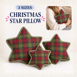 May include: Three star-shaped pillows in three sizes featuring a green, red, and yellow plaid pattern with solid green piping. The text 3 SIZES CHRISTMAS STAR PILLOW is displayed above the pillows, and one pillow is shown held in an inset.