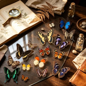 May include: A collection of various butterfly specimens displayed on a clear glass sheet, featuring diverse species with vibrant wing patterns in shades of blue, yellow, orange, black, and white, arranged alongside a magnifying glass and glass vials.