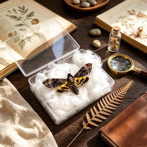 May include: A death's-head hawkmoth specimen with dark brown and yellow patterned wings resting on white cotton inside a clear rectangular plastic display box. The moth features a distinct skull-like marking on its thorax and a striped abdomen.