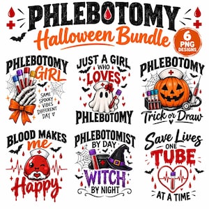 Puede incluir: Una colección digital de seis diseños de flebotomía con temática de Halloween que incluyen texto y gráficos. Los elementos incluyen una mano esquelética con tubos de ensayo, un fantasma enfermero, una calabaza, una gota de sangre, un sombrero de bruja y corazones.