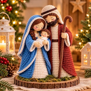 May include: A crochet nativity set featuring three figures: a person in a blue hooded cloak holding a swaddled infant, and a person in a red cloak with a brown head covering holding a tall wooden staff. The figures stand on a circular wood base.