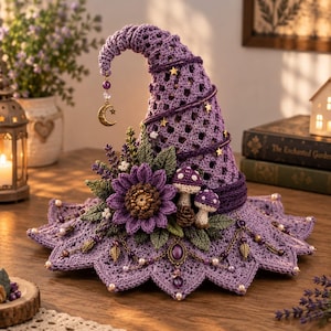 Peut inclure: Un chapeau pointu en crochet violet avec un large bord, orné d'un grand tournesol violet, de petits champignons en crochet, de feuilles vertes et d'étoiles dorées. Un croissant de lune doré pend de la pointe avec des chaînes perlées.