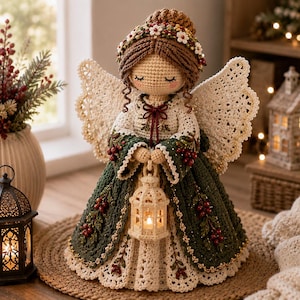 May include: A crocheted angel doll featuring a dark green dress with red berry and leaf embroidery, a cream-colored lace-like skirt, and large white wings. The doll has brown hair adorned with a floral crown and holds a small cream lantern.