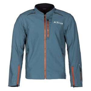 May include: A teal blue jacket featuring a high collar, a central orange zipper, and matching orange zippered pockets on the chest and sleeves. The brand name Klim is printed in white on the upper left chest, and the garment has long sleeves.