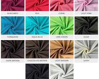 Puede incluir: Una colección de muestras de tela en varios colores, incluyendo burdeos, rojo, coral, rosa claro, turquesa, azul aguamarina, verde lima, oliva, marrón oscuro, marrón chocolate, marrón claro, marfil, negro y blanco.