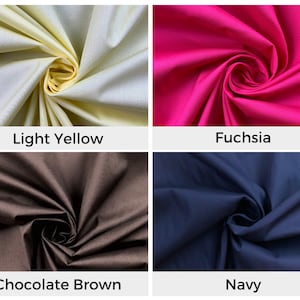 May include: Four fabric swatches in different colors: light yellow, fuchsia, chocolate brown, and navy blue. The fabric is folded and twisted to show its texture.