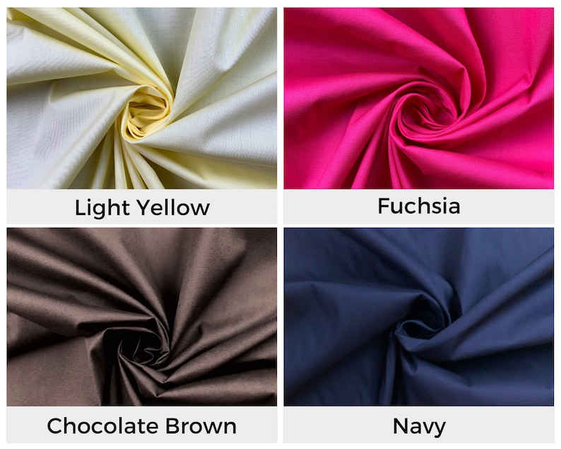 May include: Four fabric swatches in different colors: light yellow, fuchsia, chocolate brown, and navy blue. The fabric is folded and twisted to show its texture.