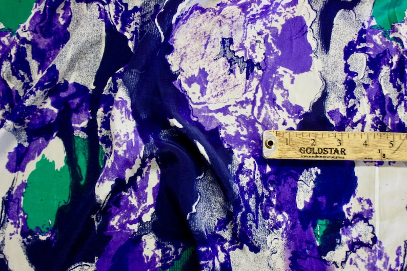 Purple Green Navy White Print Silk Fabric 43 Wide Per Yard