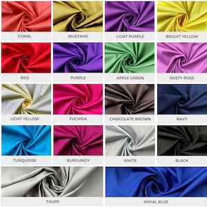 May include: A collection of fabric swatches in various colors, including coral, mustard, light purple, bright yellow, red, purple, apple green, dusty rose, light yellow, fuchsia, chocolate brown, navy, turquoise, burgundy, white, black, taupe, and royal blue.