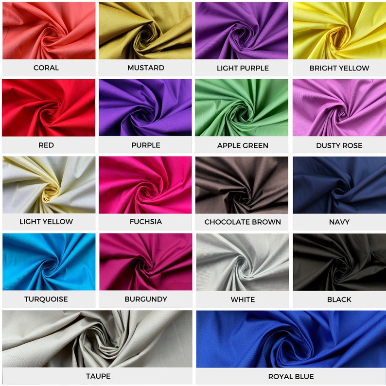 May include: A collection of fabric swatches in various colors, including coral, mustard, light purple, bright yellow, red, purple, apple green, dusty rose, light yellow, fuchsia, chocolate brown, navy, turquoise, burgundy, white, black, taupe, and royal blue.