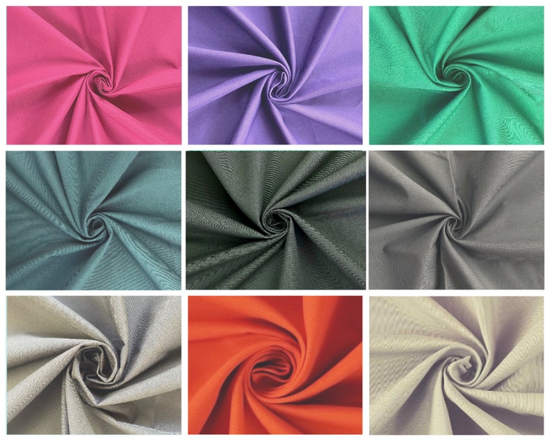 May include: A collection of fabric swatches in various colors, including red, purple, green, teal, gray, black, orange, and beige. The fabric is folded and arranged in a grid pattern.