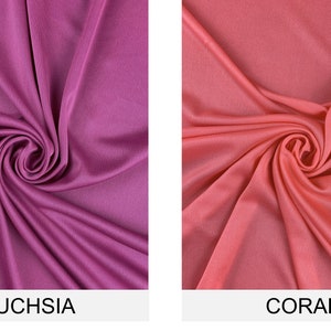 May include: Two fabric swatches, one fuchsia and one coral, are shown draped and folded. The swatches are smooth and silky.