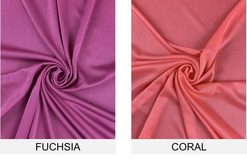 May include: Two fabric swatches, one fuchsia and one coral, are shown draped and folded. The swatches are smooth and silky.