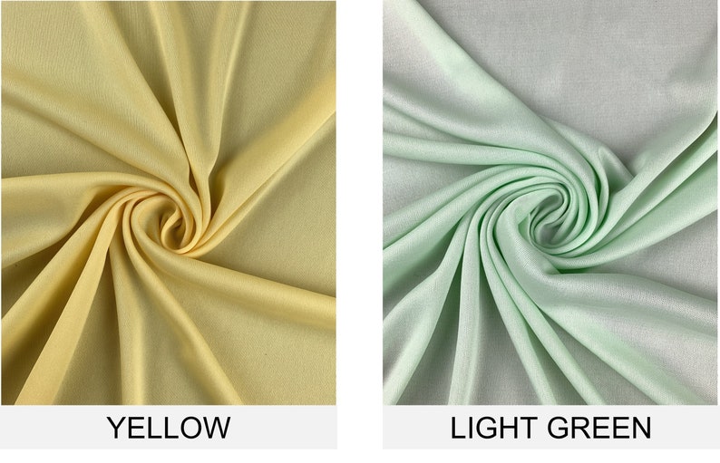 May include: Two fabric swatches, one yellow and one light green, are shown in a close-up view. The fabric is smooth and has a slight sheen.