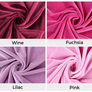 Pu&ograve; includere: Quattro campioni di tessuto in diverse tonalit&agrave; di rosa e viola. I campioni sono disposti in una griglia con le seguenti etichette: Vino, Fucsia, Lilla e Rosa.