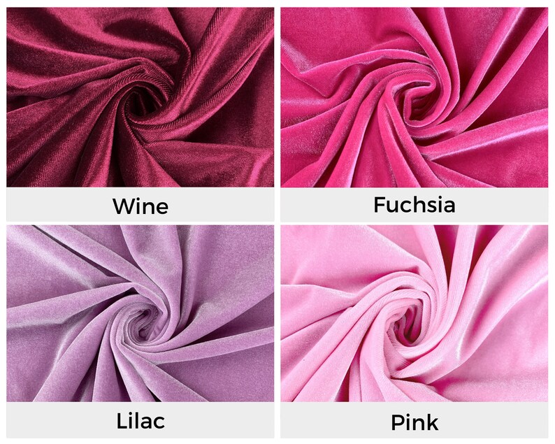 Pu&ograve; includere: Quattro campioni di tessuto in diverse tonalit&agrave; di rosa e viola. I campioni sono disposti in una griglia con le seguenti etichette: Vino, Fucsia, Lilla e Rosa.