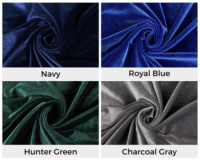 Pu&ograve; includere: Quattro campioni di tessuto in diversi colori: blu navy, blu reale, verde cacciatore e grigio antracite. Il tessuto &egrave; in velluto e ha una texture morbida e soffice.