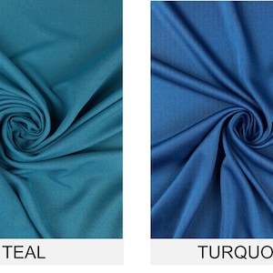 May include: Two fabric swatches, one teal and one turquoise, are shown in a close-up view. The fabric is smooth and has a slight sheen.