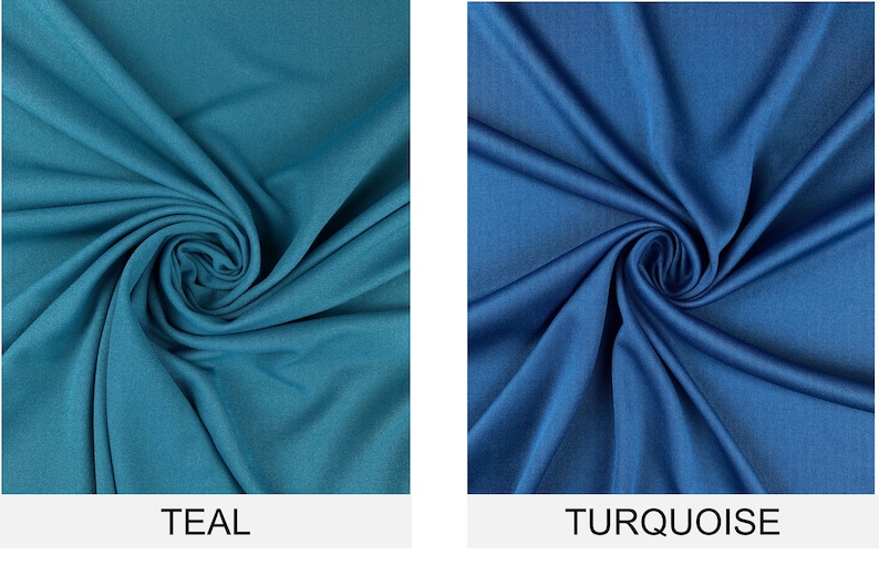 May include: Two fabric swatches, one teal and one turquoise, are shown in a close-up view. The fabric is smooth and has a slight sheen.