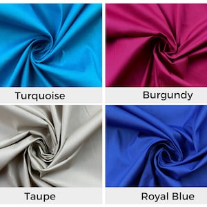 May include: Four fabric swatches in different colors: turquoise, burgundy, taupe, and royal blue. The fabric is folded and twisted to show the texture.