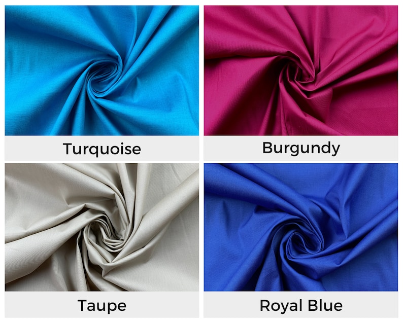 May include: Four fabric swatches in different colors: turquoise, burgundy, taupe, and royal blue. The fabric is folded and twisted to show the texture.