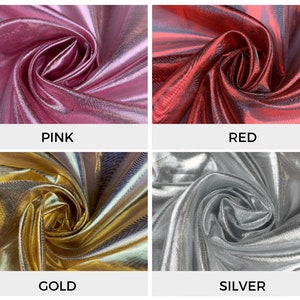 May include: Four swatches of iridescent fabric in pink, red, gold, and silver. The fabric has a shimmery, metallic finish.