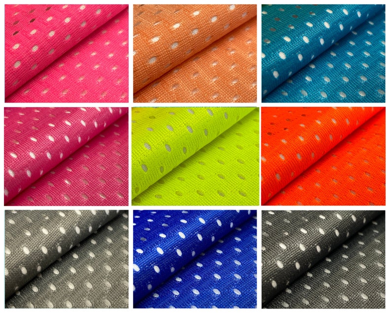 Puede incluir: Una colecci&oacute;n de 10 colores diferentes de tela de malla con un patr&oacute;n de puntos blancos. La tela est&aacute; doblada por la mitad y los colores son rosa, naranja, azul verdoso, verde, naranja, gris, azul, gris y negro.