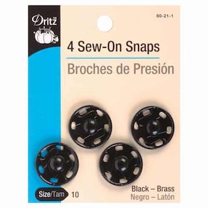 May include: Package of four black sew-on snaps, size 10, with brass accents. The package is labeled "Dritz 4 Sew-On Snaps Broches de Presión Black - Brass Negro - Latón Size/Tam 10"