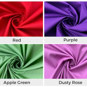 May include: Four fabric swatches in different colors: red, purple, apple green, and dusty rose. The fabric is smooth and has a slight sheen.