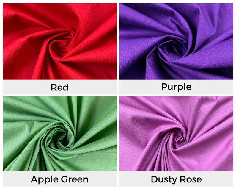 May include: Four fabric swatches in different colors: red, purple, apple green, and dusty rose. The fabric is smooth and has a slight sheen.
