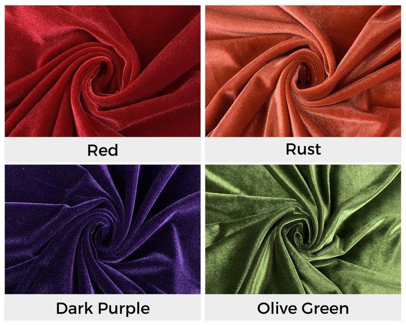 Pu&ograve; includere: Quattro campioni di tessuto in diversi colori: rosso, ruggine, viola scuro e verde oliva. Il tessuto &egrave; un velluto con una texture morbida e soffice.