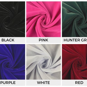 May include: Six fabric swatches in different colors: black, pink, hunter green, purple, white, and red. The fabric is a soft, velvety material.