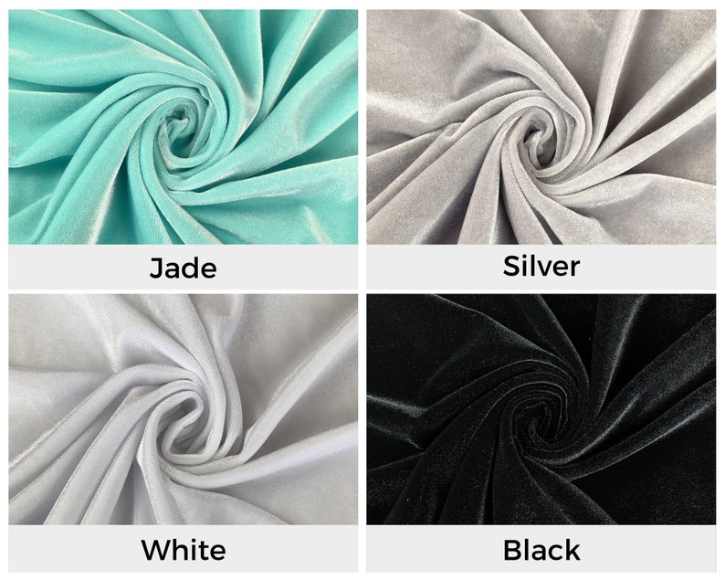 Pu&ograve; includere: Quattro campioni di tessuto in diversi colori: verde giada, argento, bianco e nero. Ogni campione &egrave; un primo piano della trama del tessuto.