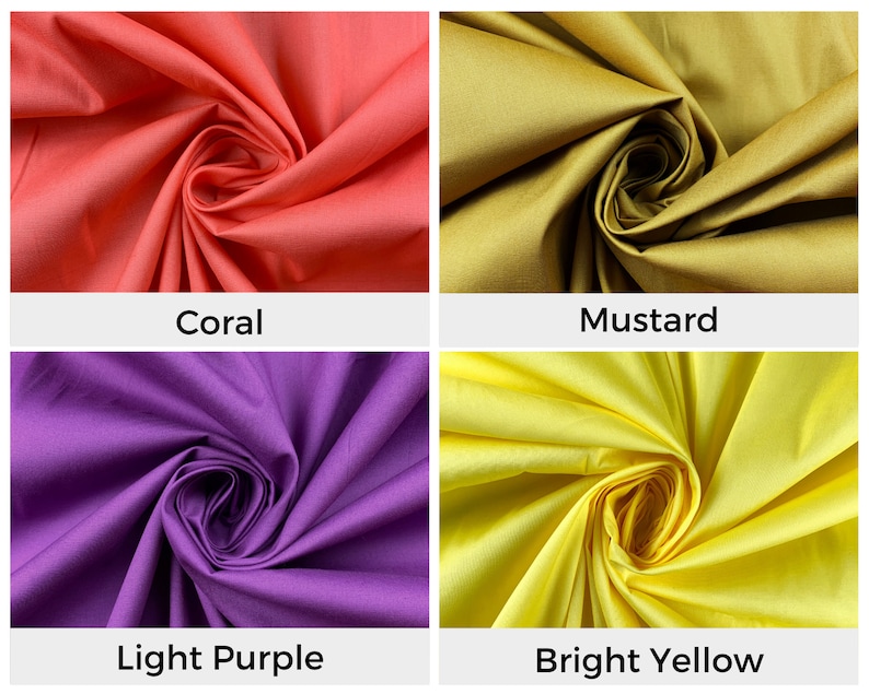 May include: Four fabric swatches in different colors: coral, mustard, light purple, and bright yellow. The fabric is folded and twisted to show its texture.