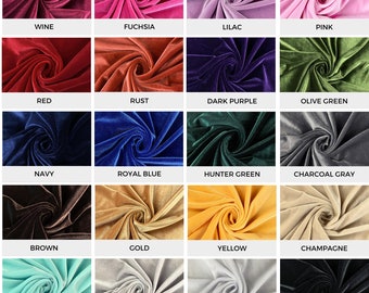 May include: A swatch card showing 16 different colors of velvet fabric. The colors are: wine, fuchsia, lilac, pink, red, rust, dark purple, olive green, navy, royal blue, hunter green, charcoal gray, brown, gold, yellow, champagne, jade, silver, white, and black.